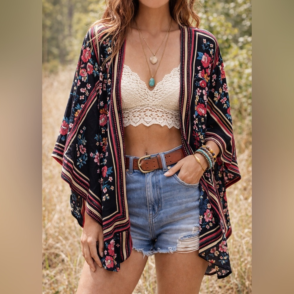 Angie Floral Boho Kimono Cardigan Black Pink Rayon Size S